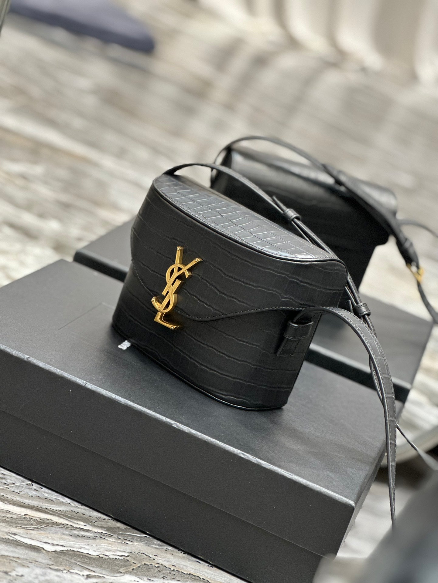 Saint Laurent YSL Small Kaia Crossbody Bag - Black Croc-Embossed Leather