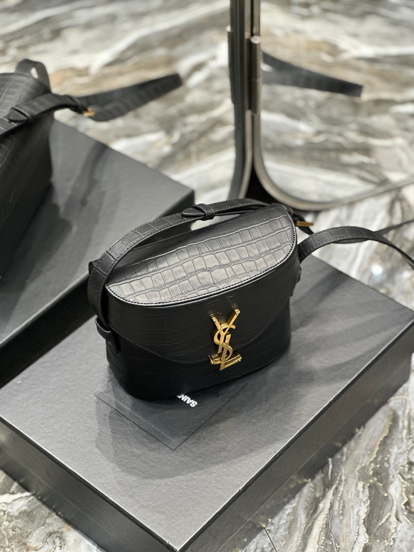 Saint Laurent YSL Small Kaia Crossbody Bag - Black Croc-Embossed Leather