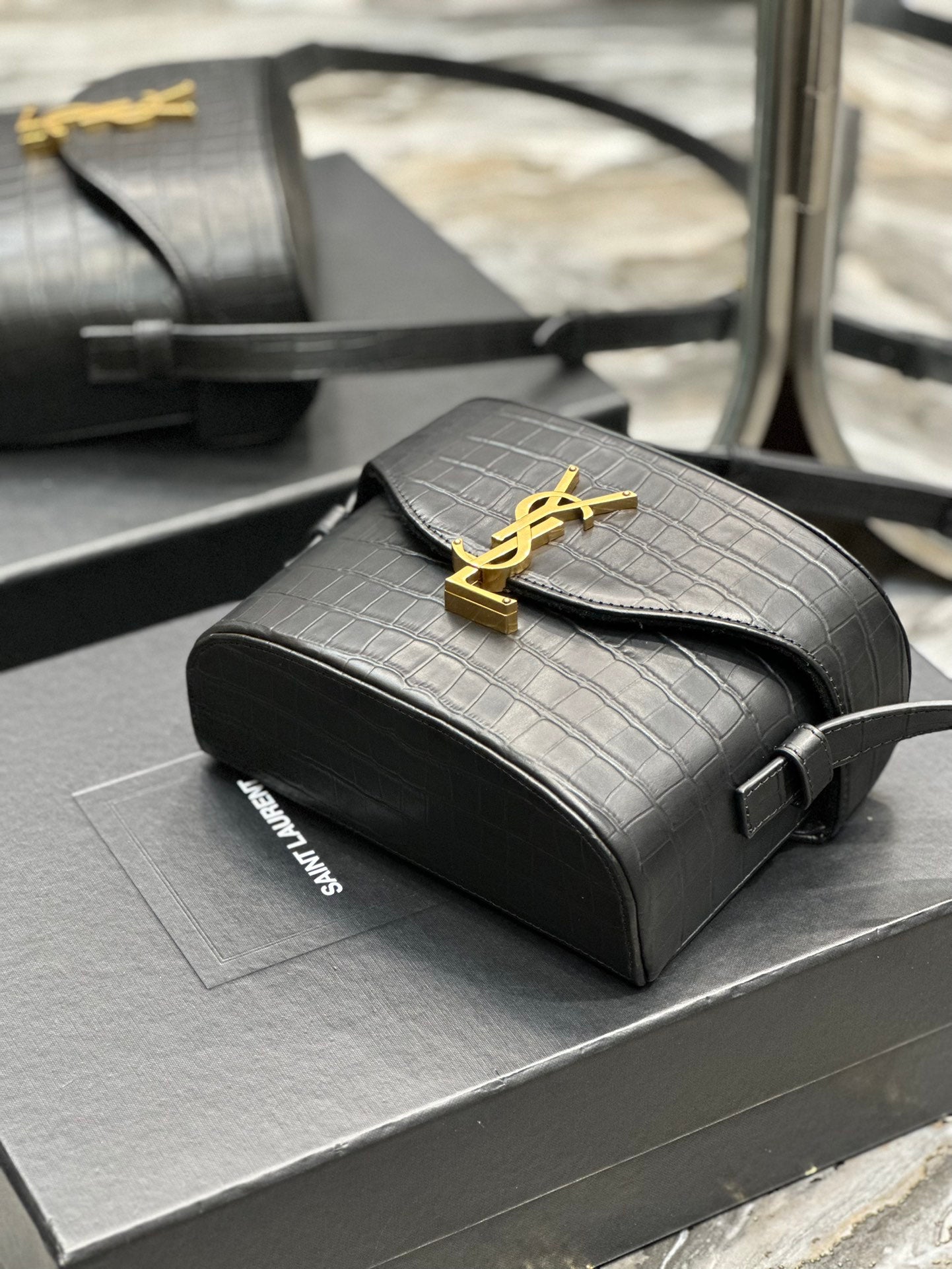 Saint Laurent YSL Small Kaia Crossbody Bag - Black Croc-Embossed Leather
