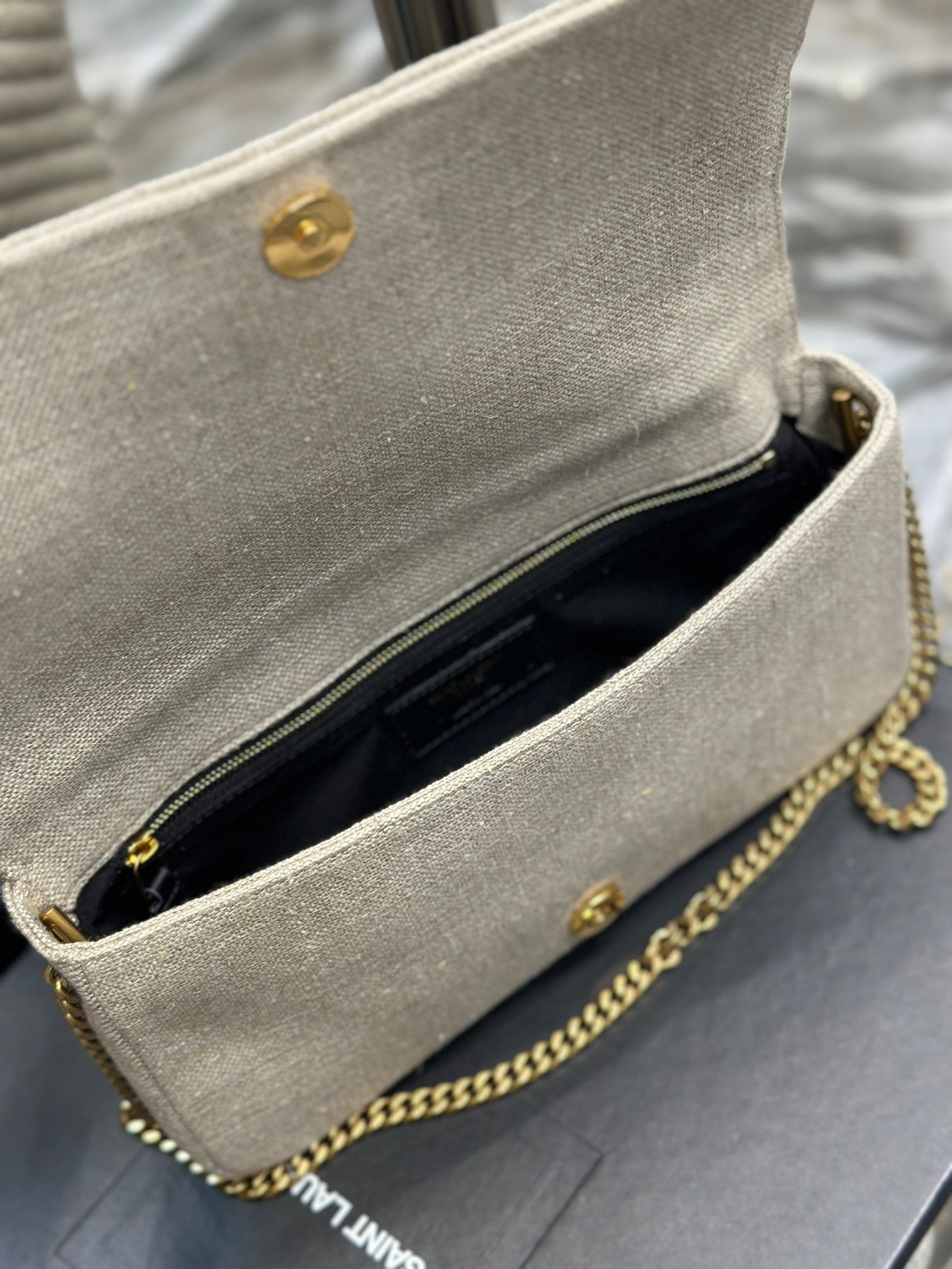Saint Laurent Cassandre Matelassé Chain Wallet in Beige Grain de Poudre Leather
