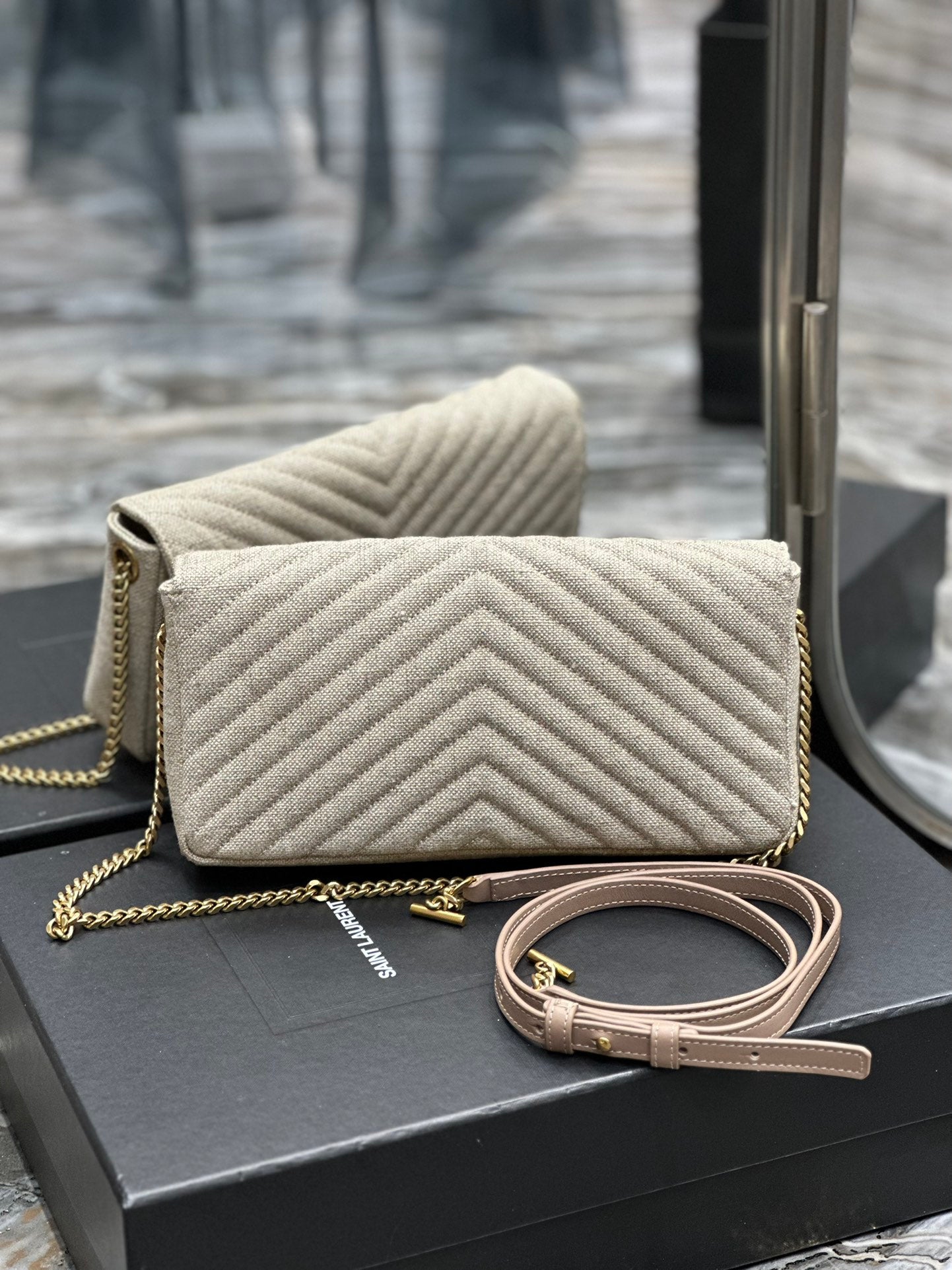 Saint Laurent Cassandre Matelassé Chain Wallet in Beige Grain de Poudre Leather