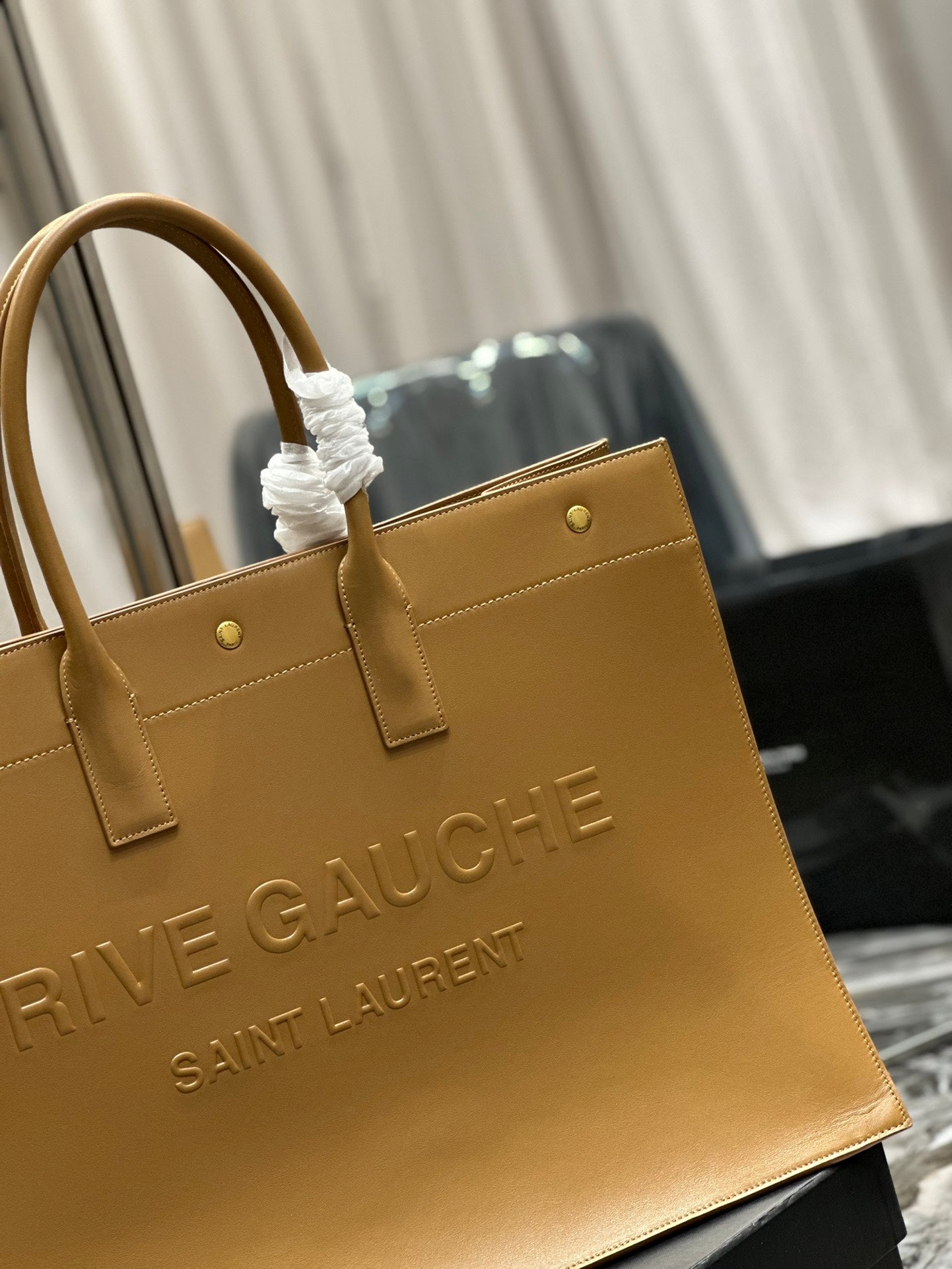 Saint Laurent Rive Gauche Embossed Leather Tote Bag - Tan