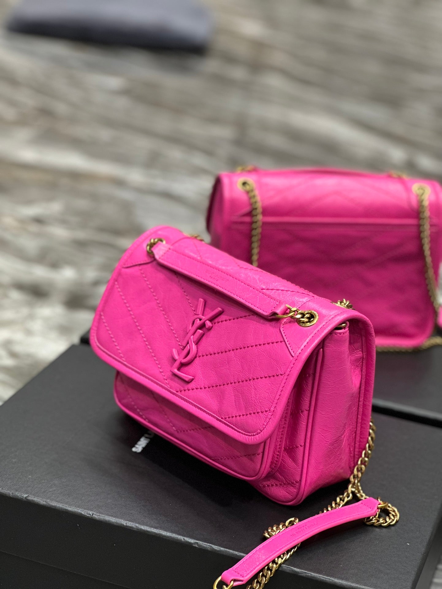 Saint Laurent Niki Medium Chain Bag in Fuchsia Pink Crinkled Vintage Leather