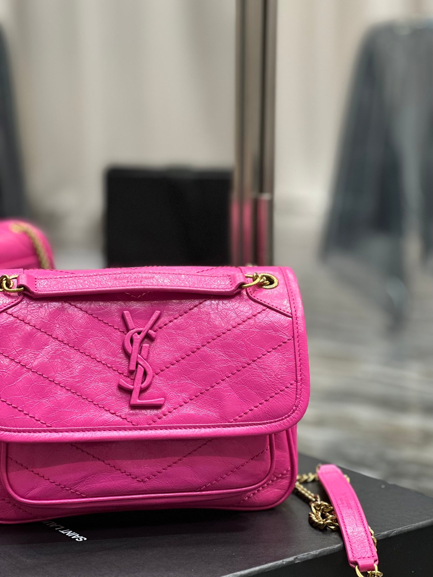 Saint Laurent Niki Medium Chain Bag in Fuchsia Pink Crinkled Vintage Leather