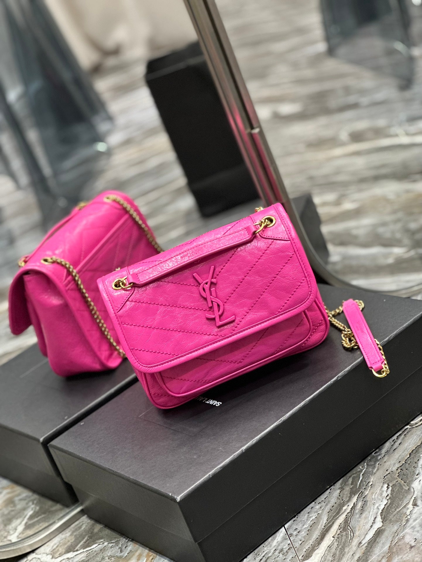 Saint Laurent Niki Medium Chain Bag in Fuchsia Pink Crinkled Vintage Leather