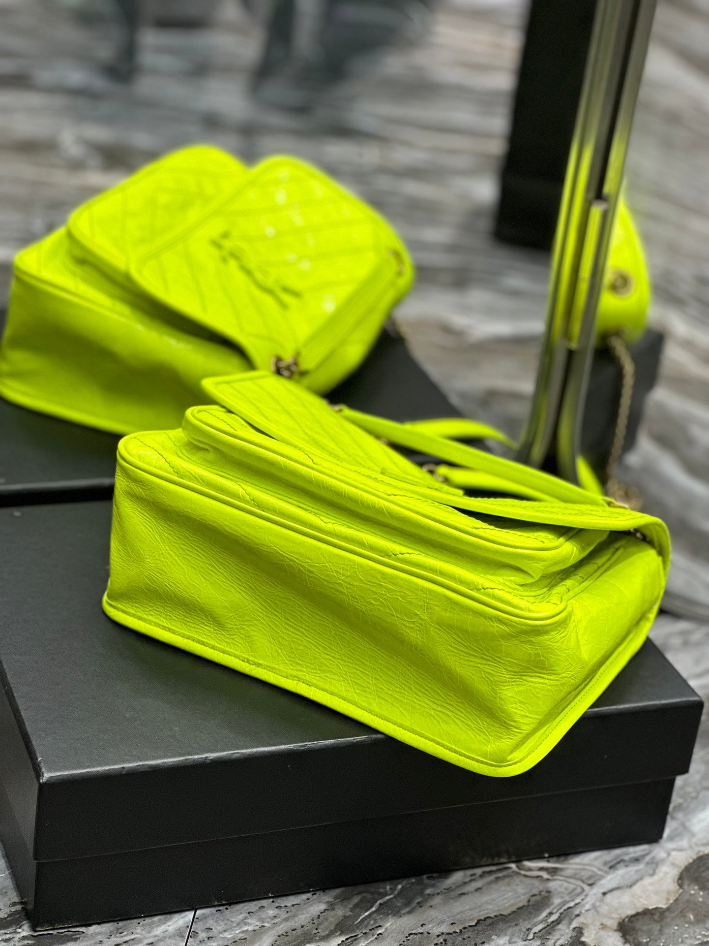 Saint Laurent Niki Medium Shoulder Bag in Neon Yellow Crinkled Leather
