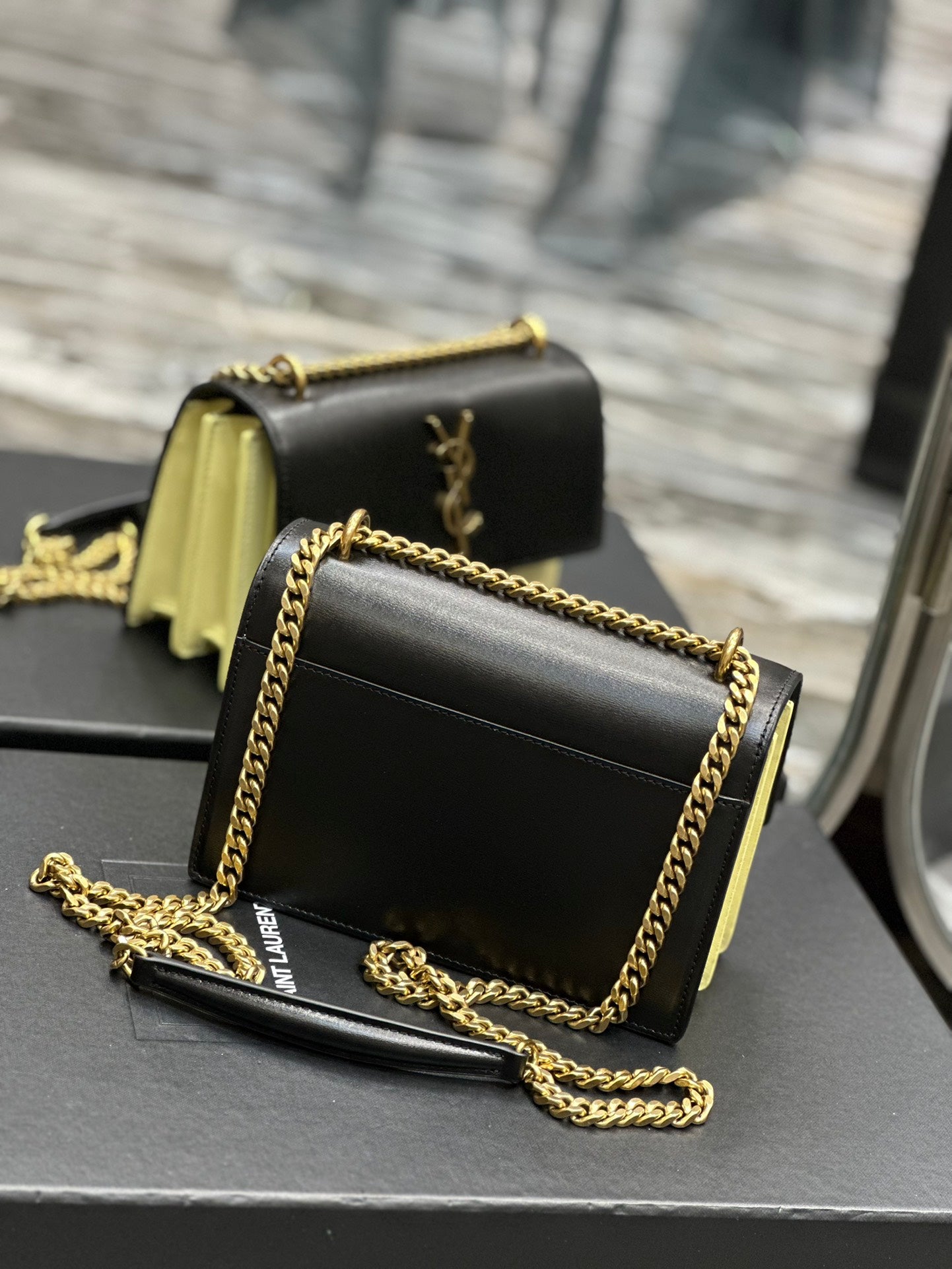 Saint Laurent Sunset Medium Chain Shoulder Bag - Black &amp; Yellow Leather