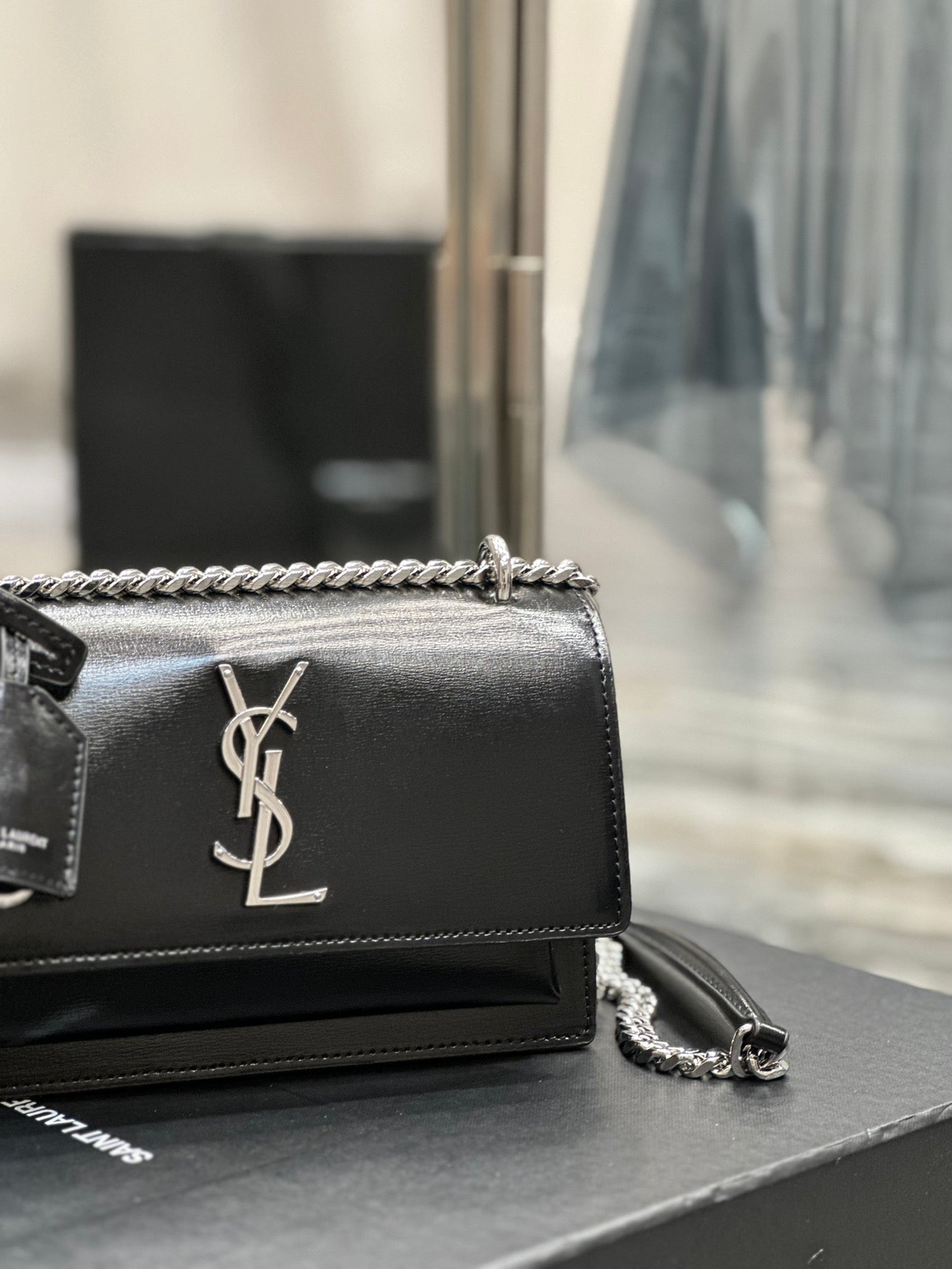 Saint Laurent Sunset Medium Chain Bag in Black Shiny Leather with Silver Hardware