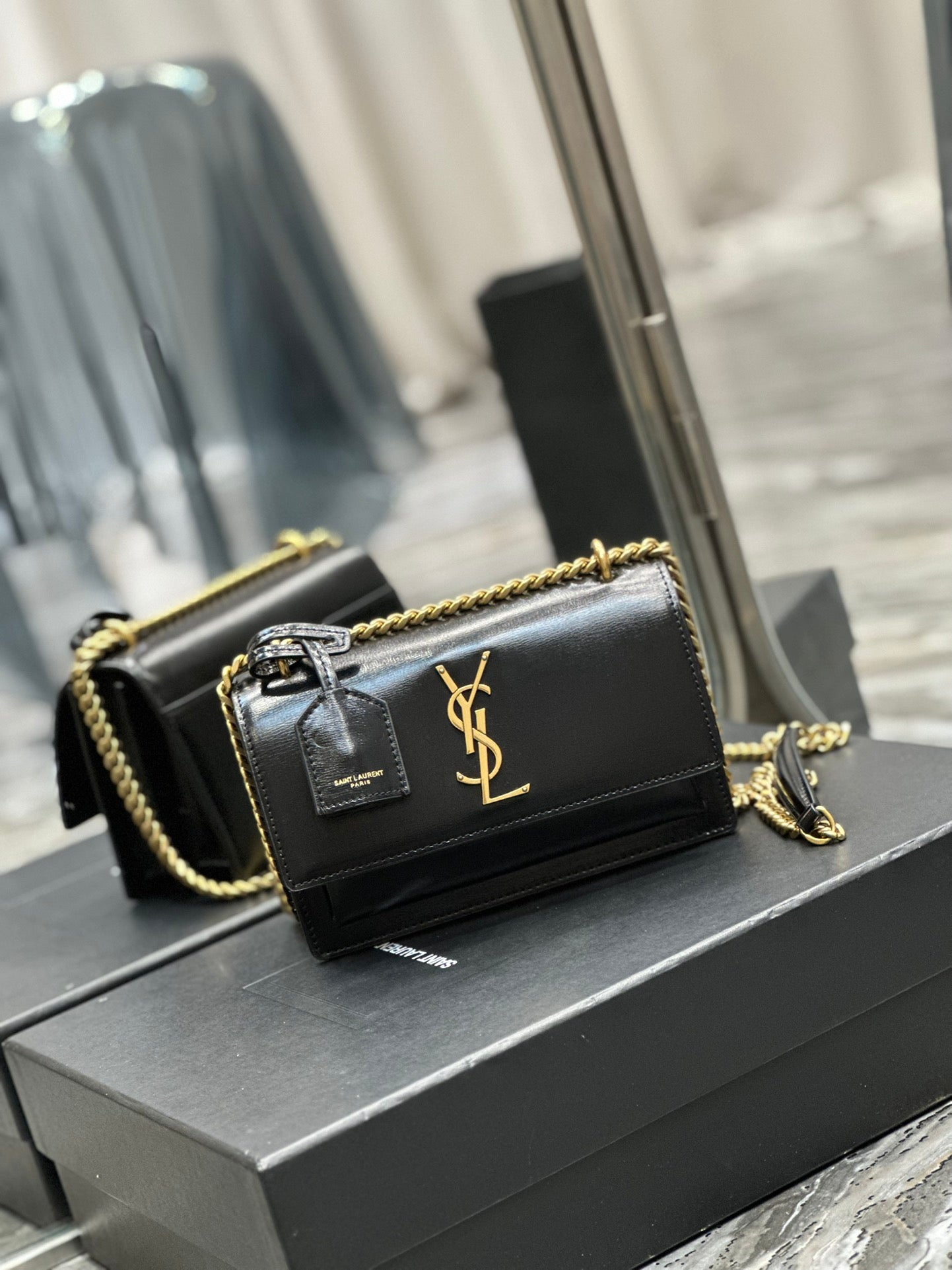 Saint Laurent Sunset Medium Shoulder Bag - Black Smooth Leather with Gold Hardware