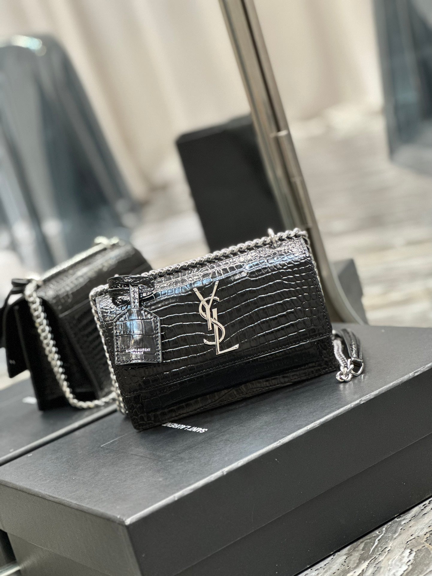 Saint Laurent Sunset Medium Chain Bag in Shiny Crocodile-Embossed Leather - Black