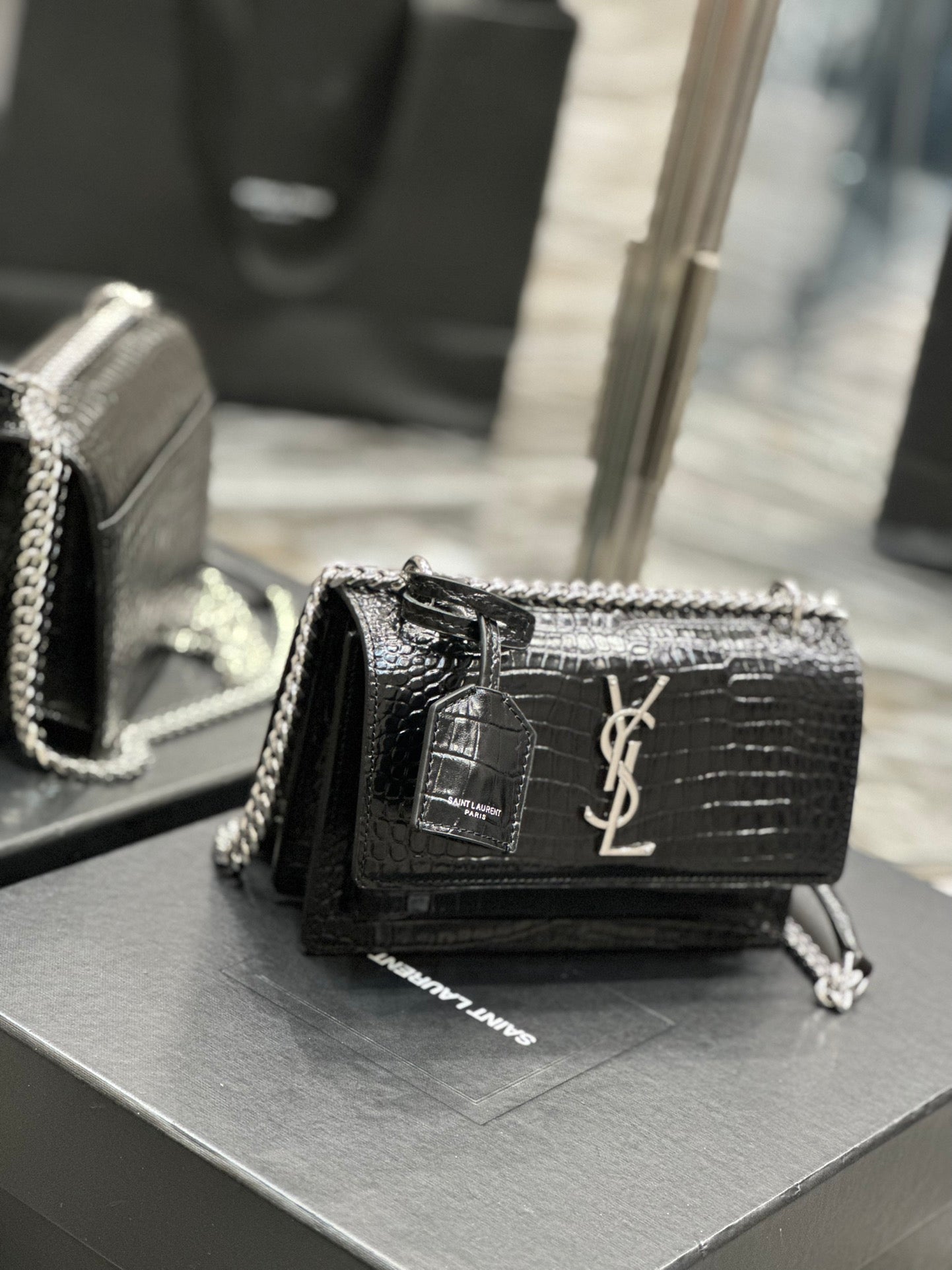 Saint Laurent Sunset Medium Chain Bag in Shiny Crocodile-Embossed Leather - Black