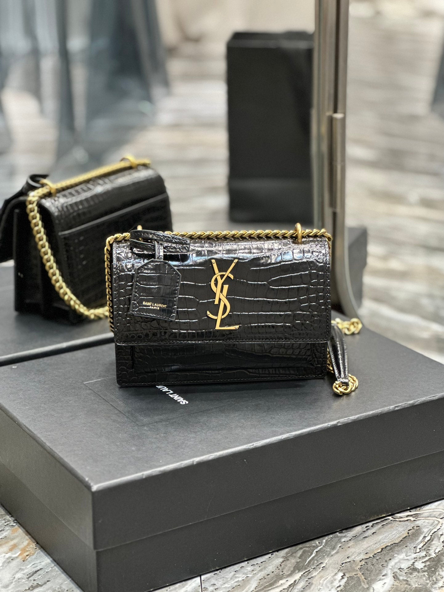 Saint Laurent Sunset Medium Shoulder Bag in Croc-Embossed Leather - Black