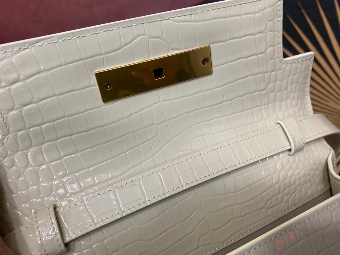 Elegant Croc-Embossed Leather Crossbody Bag with Gold-Tone Hardware - Cream