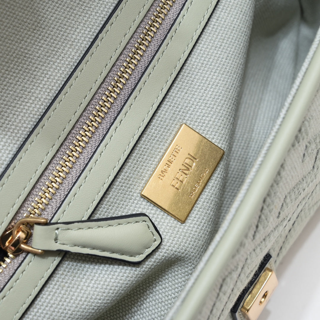 Fendi FF Monogram Baguette Bag in Sage Green Canvas - Small Shoulder Bag