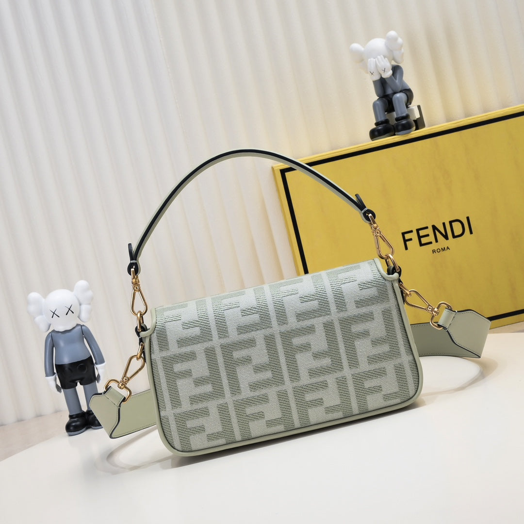 Fendi FF Monogram Baguette Bag in Sage Green Canvas - Small Shoulder Bag