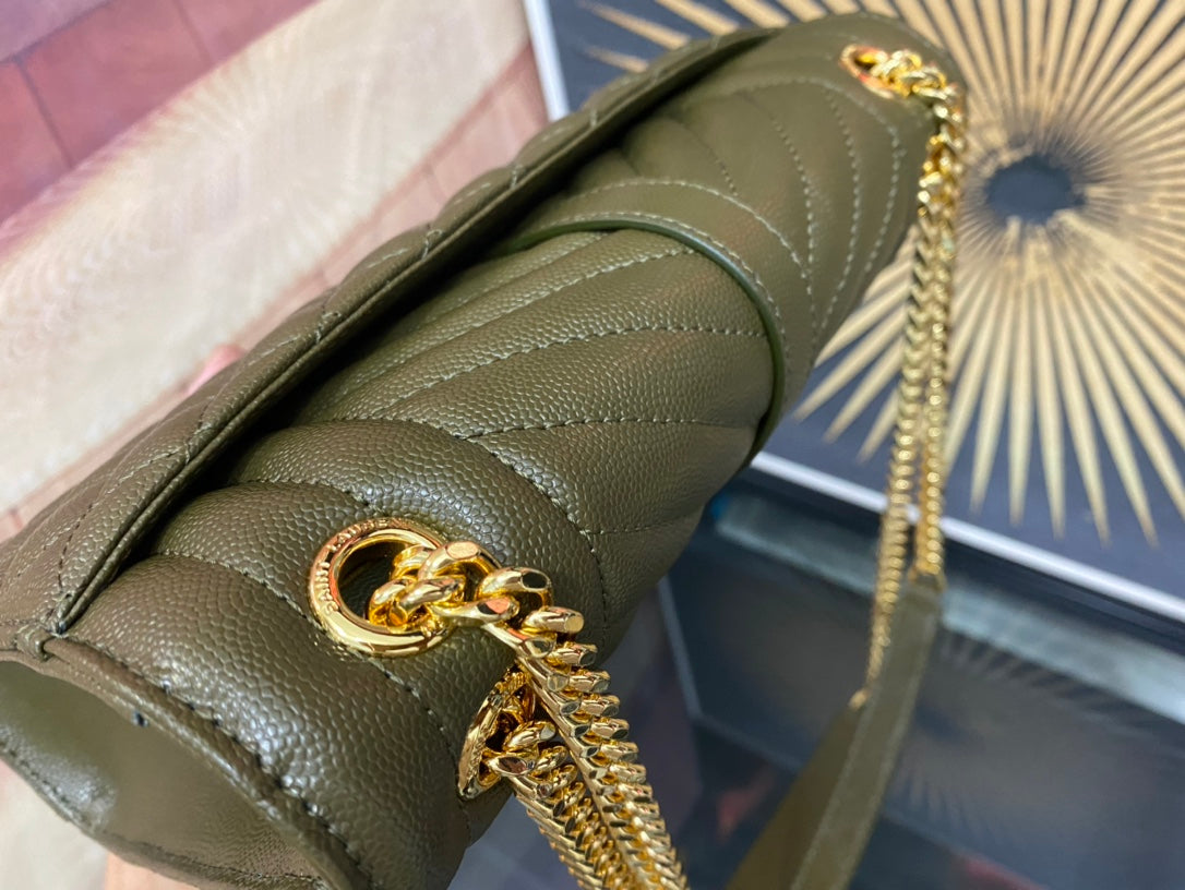 Saint Laurent Medium College Shoulder Bag in Olive Green Quilted Leather