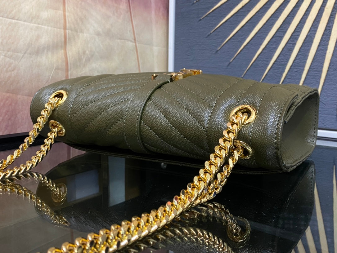 Saint Laurent Medium College Shoulder Bag in Olive Green Quilted Leather