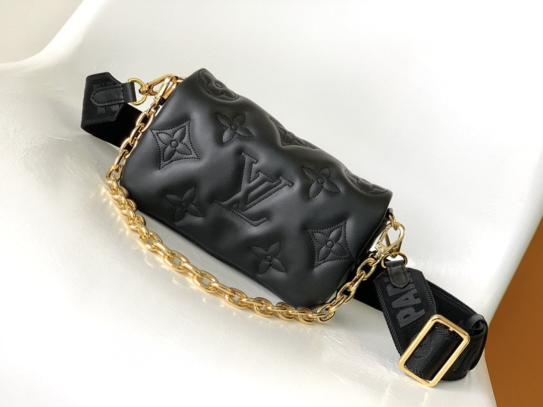 Women's Black Quilted Crossbody Shoulder Bag with Wide Webbing Strap &amp; Gold Chain Detail
