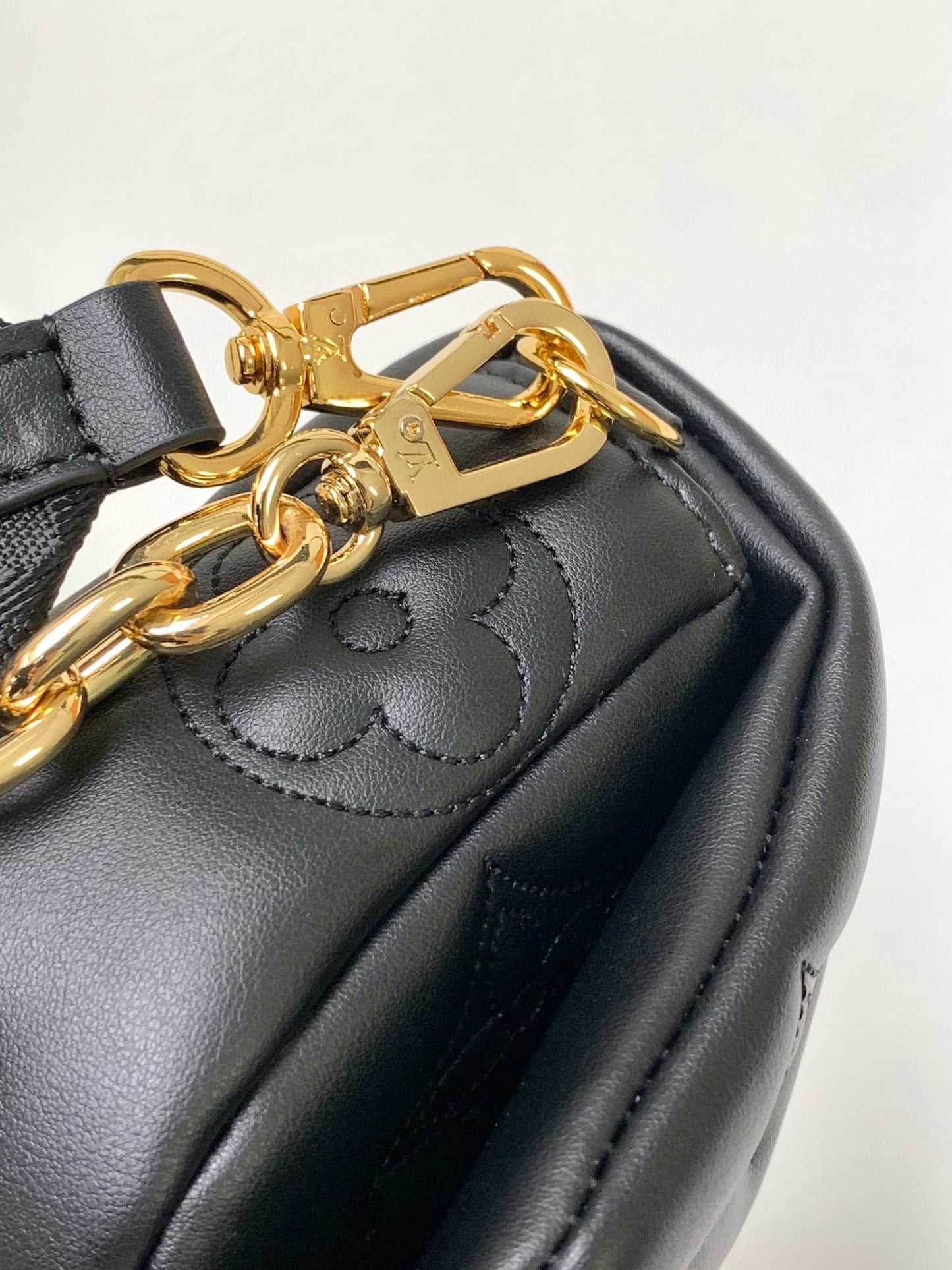 Women's Black Quilted Crossbody Shoulder Bag with Wide Webbing Strap & Gold Chain Detail