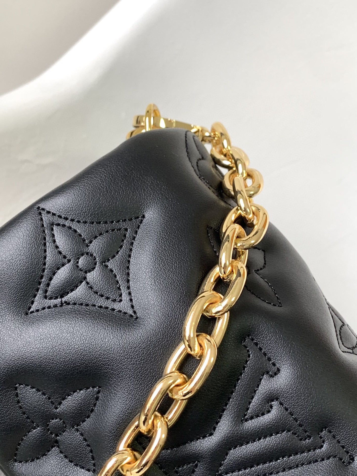 Women's Black Quilted Crossbody Shoulder Bag with Wide Webbing Strap & Gold Chain Detail