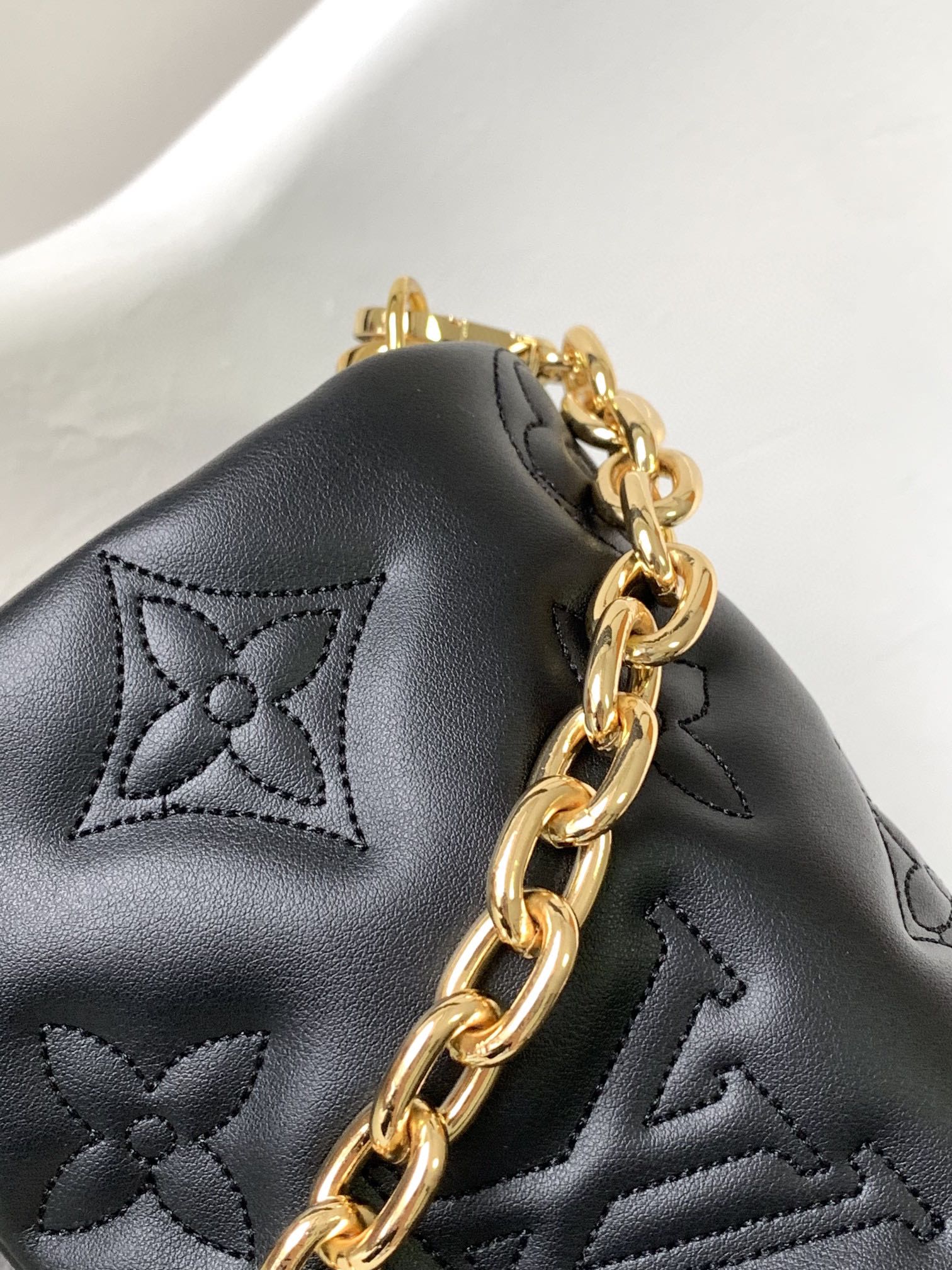 Women's Black Quilted Crossbody Shoulder Bag with Wide Webbing Strap &amp; Gold Chain Detail