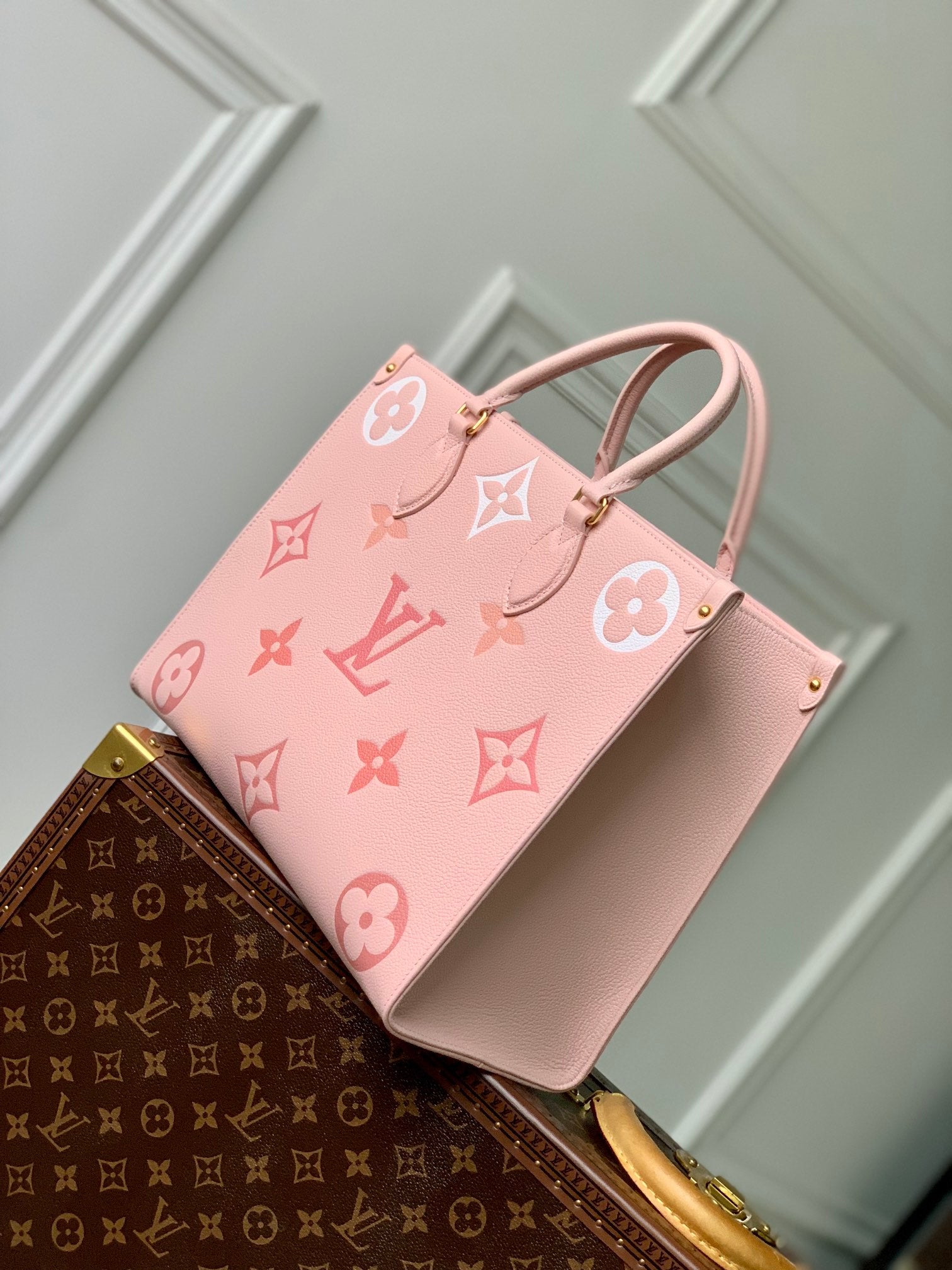 Louis Vuitton Onthego MM Monogram Empreinte Giant Leather Tote - Rose Trianon/Creme Pink
