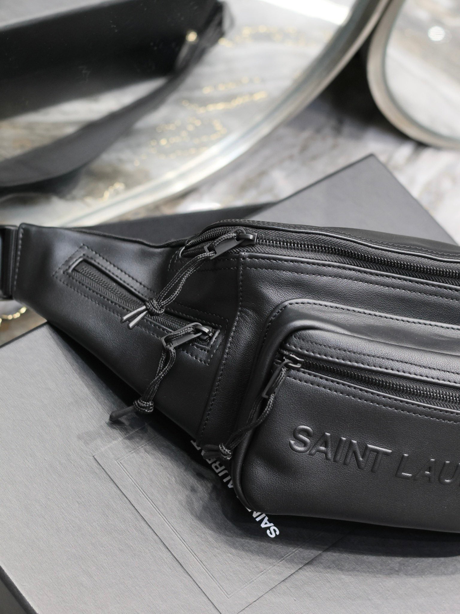 Saint Laurent Embossed Black Leather Belt Bag