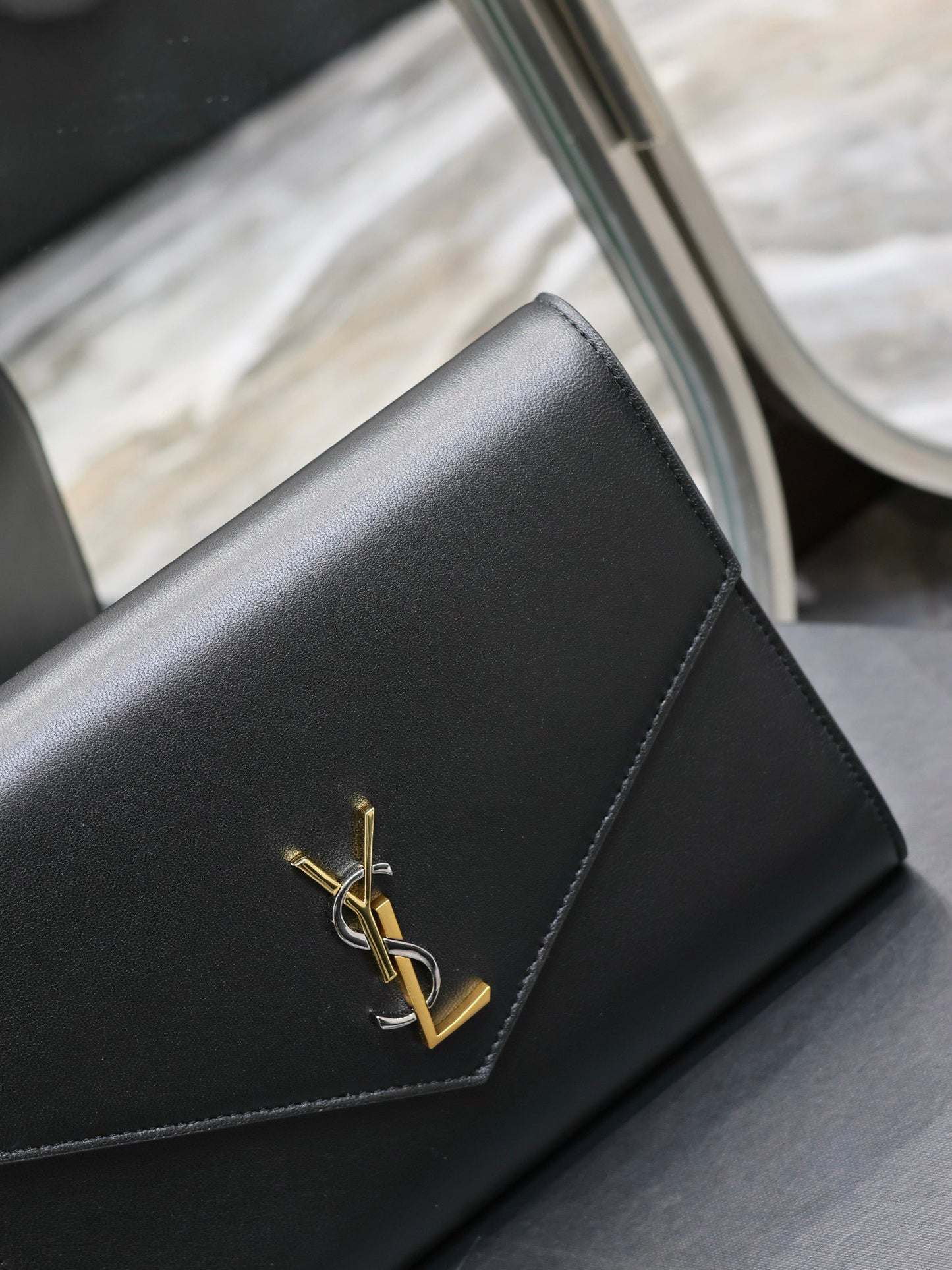 Saint Laurent YSL Black Leather Envelope Clutch Bag with Gold-Tone Logo