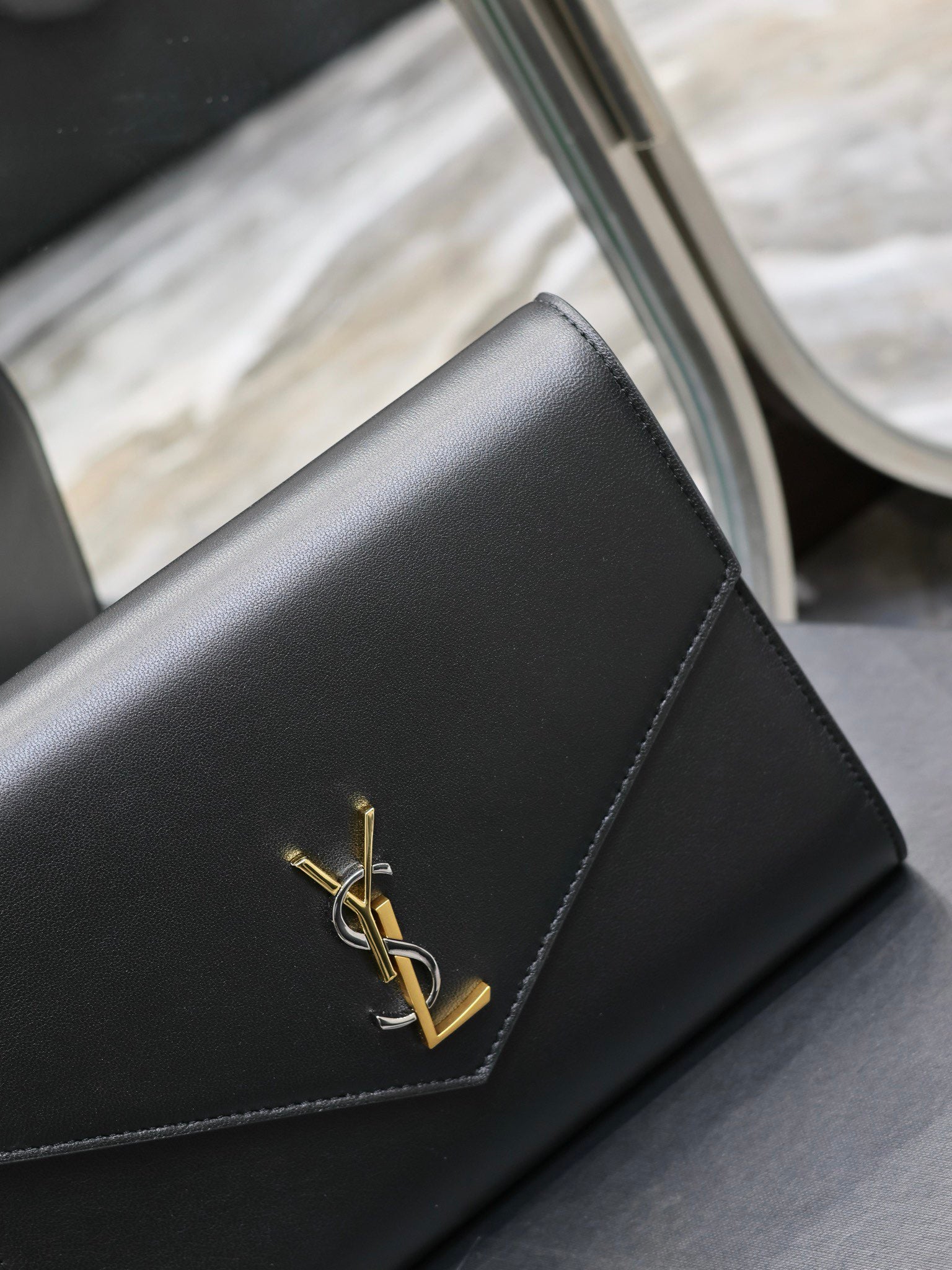 Saint Laurent YSL Black Leather Envelope Clutch Bag with Gold-Tone Logo