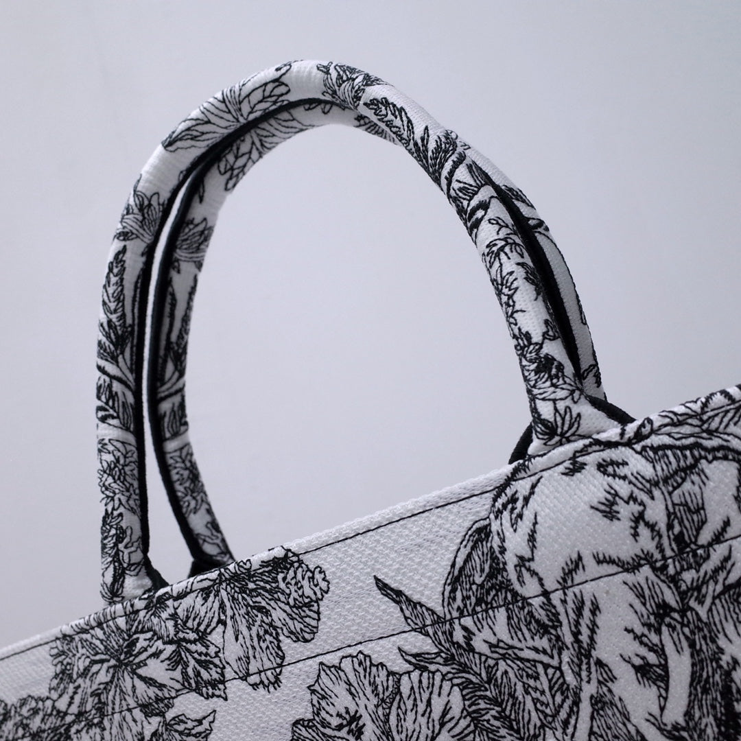 Christian Dior Large Book Tote Bag - Black and White Toile de Jouy Sauvage Embroidery