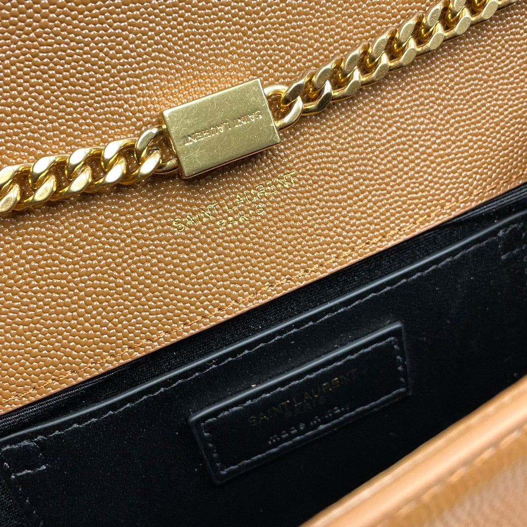 Saint Laurent Kate Small Chain Wallet in Grain de Poudre Embossed Leather - Dark Brown