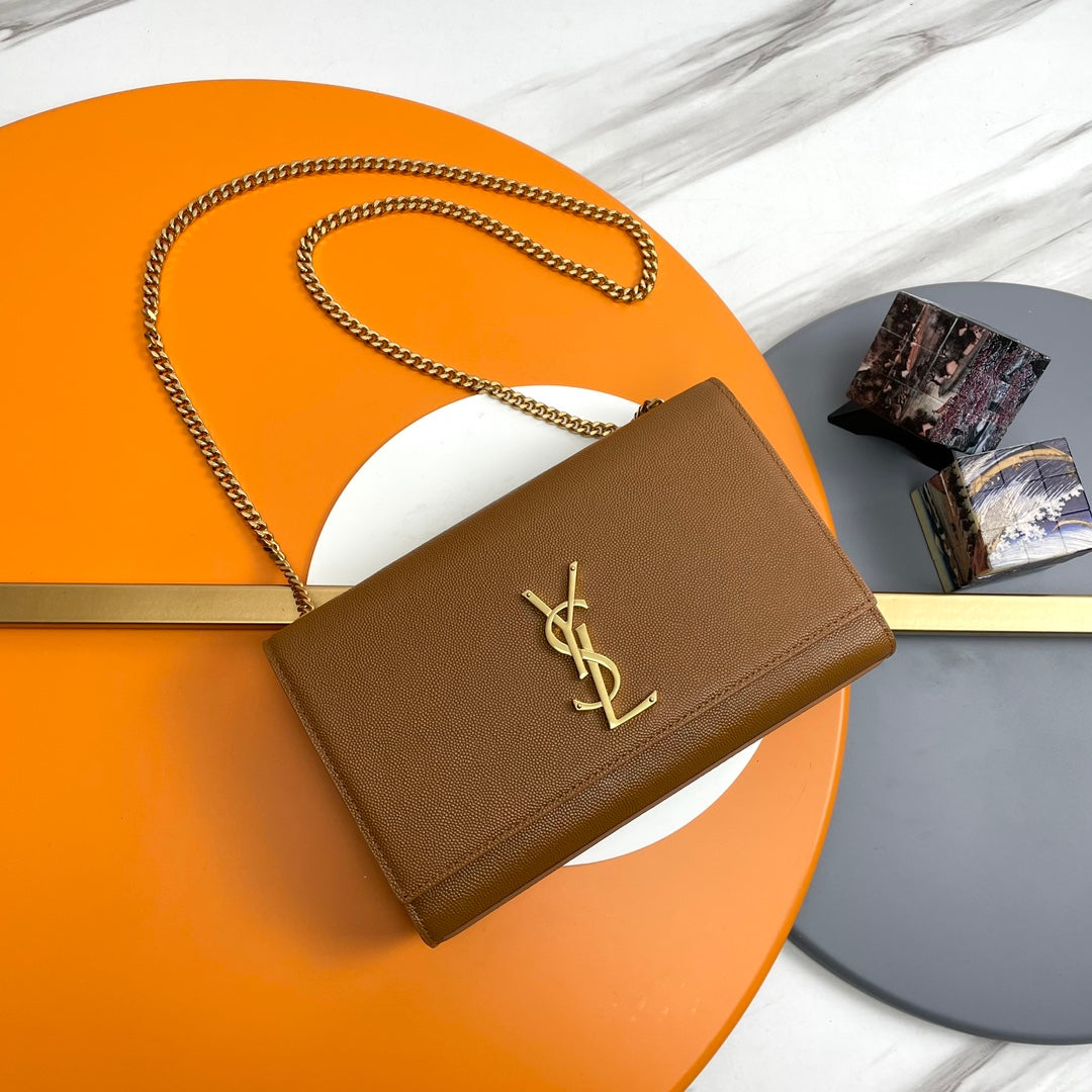 Saint Laurent Kate Small Chain Wallet in Grain de Poudre Embossed Leather - Dark Brown