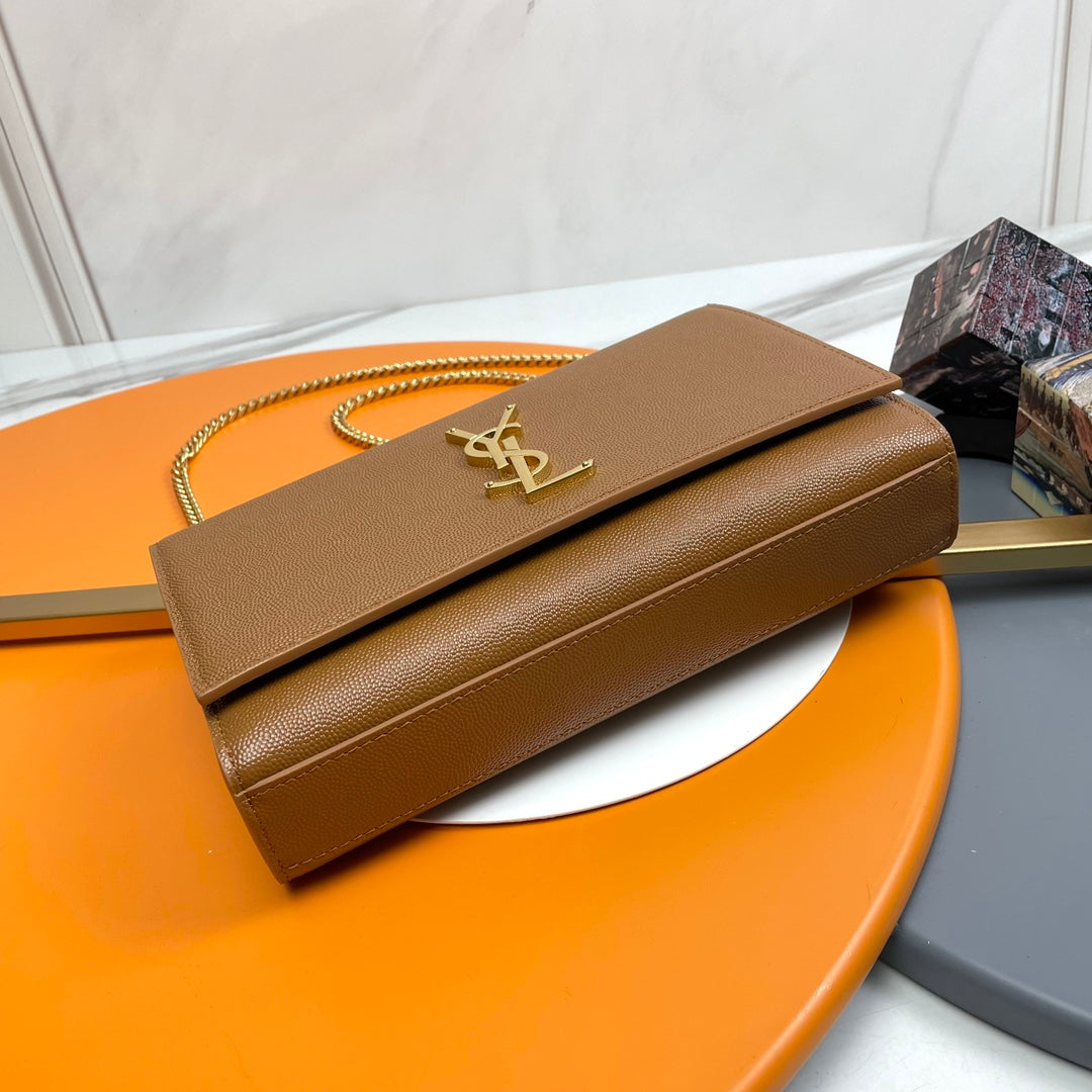 Saint Laurent Kate Small Chain Wallet in Grain de Poudre Embossed Leather - Dark Brown
