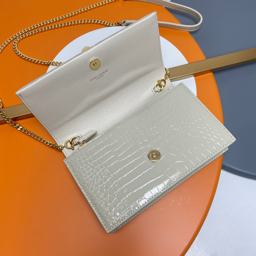 Saint Laurent Small Kate Tassel Shoulder Bag in Croc-Embossed Leather - Off-White