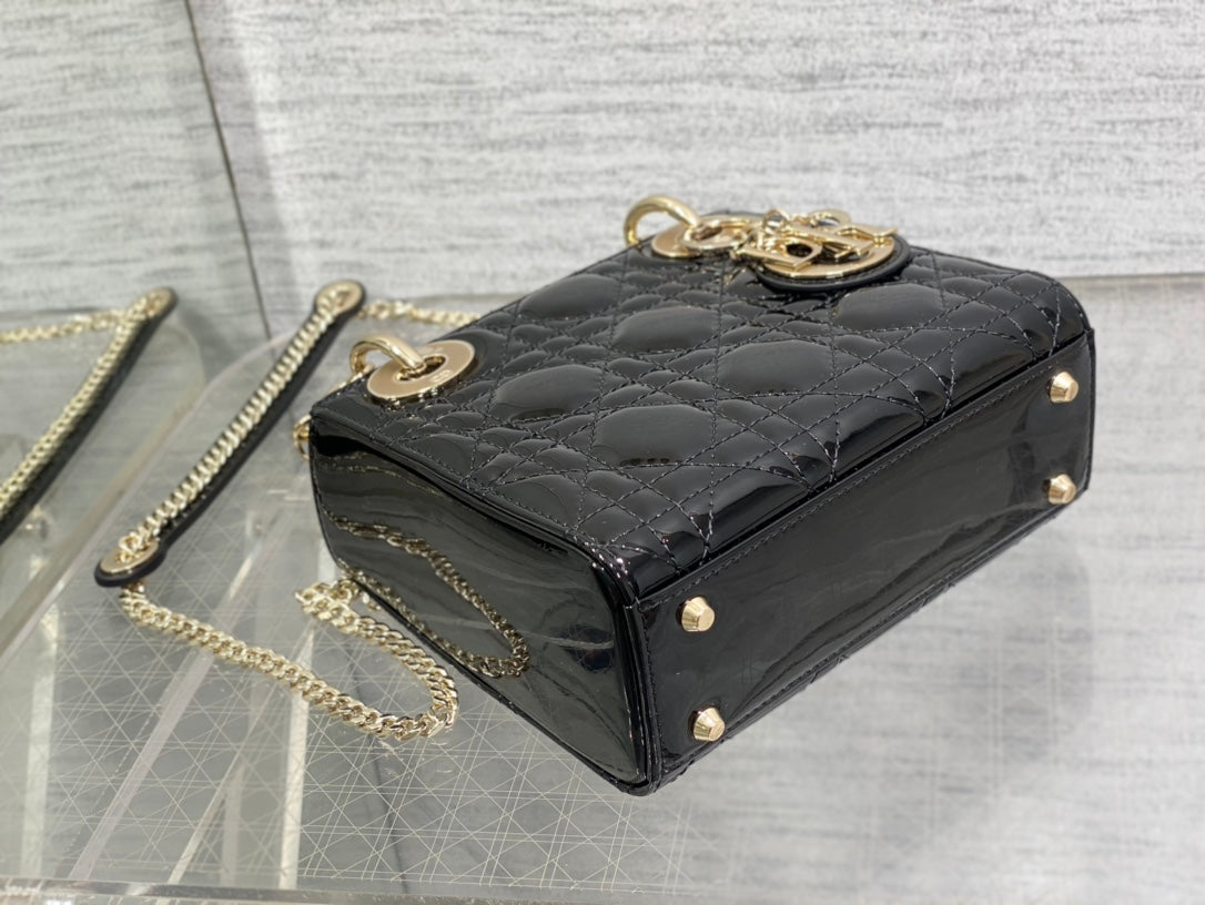 Mini Lady Dior Bag - Black Patent Cannage Calfskin with Gold-Finish Hardware