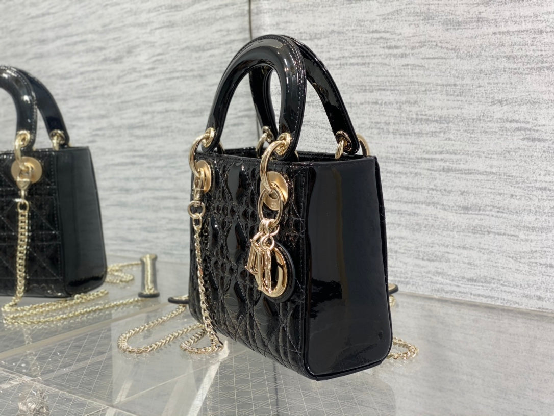 Mini Lady Dior Bag - Black Patent Cannage Calfskin with Gold-Finish Hardware