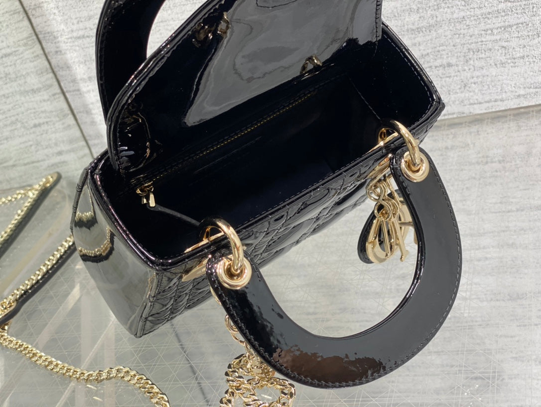 Mini Lady Dior Bag - Black Patent Cannage Calfskin with Gold-Finish Hardware