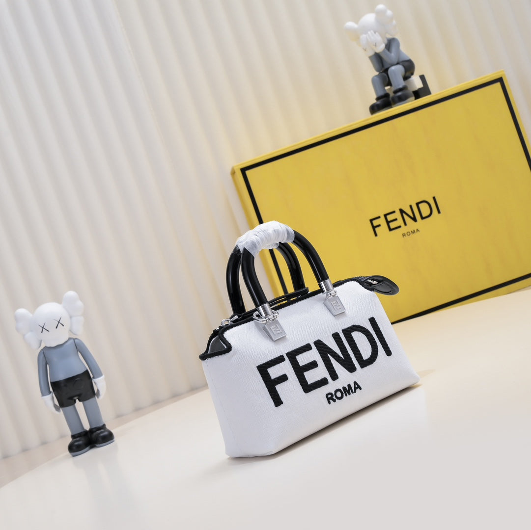Fendi Roma Mini White Leather Boston Handbag with Black Logo