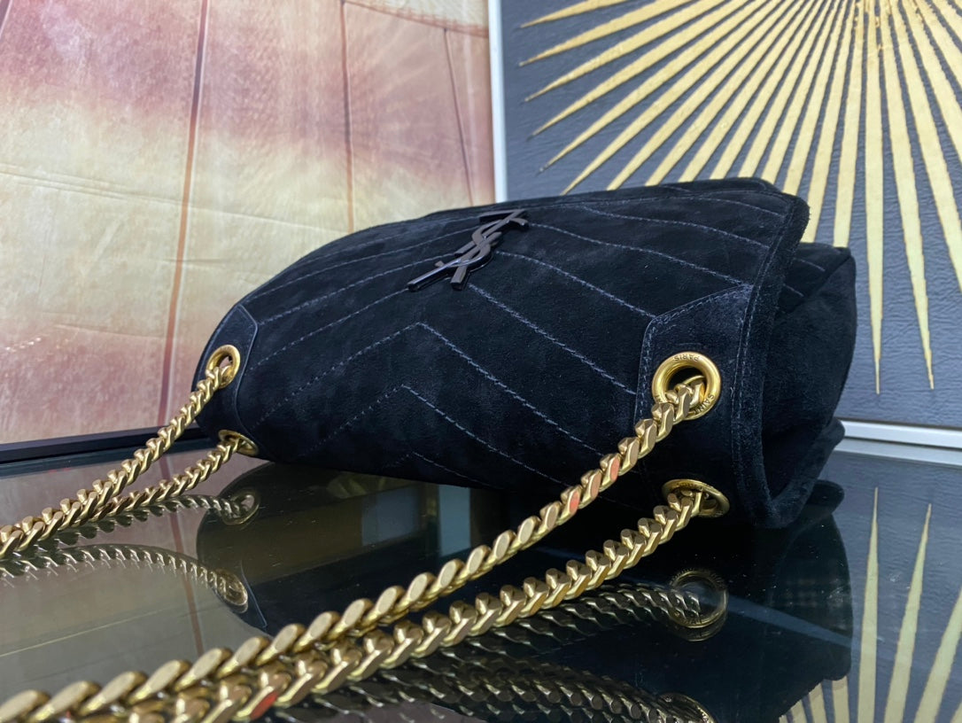 Saint Laurent Loulou Medium Shoulder Bag in Black Quilted Suede with Silver Hardware