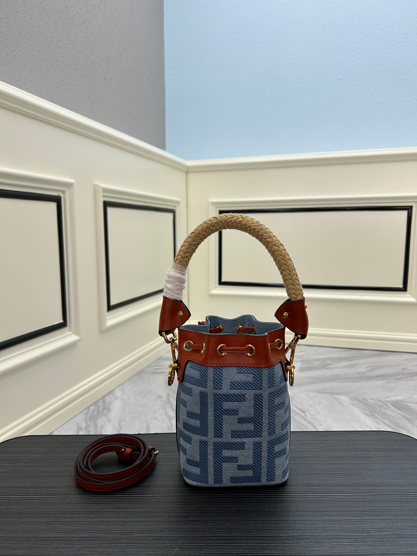 Monogram Mini Bucket Bag - Blue and Tan Drawstring Handbag with Woven Handle