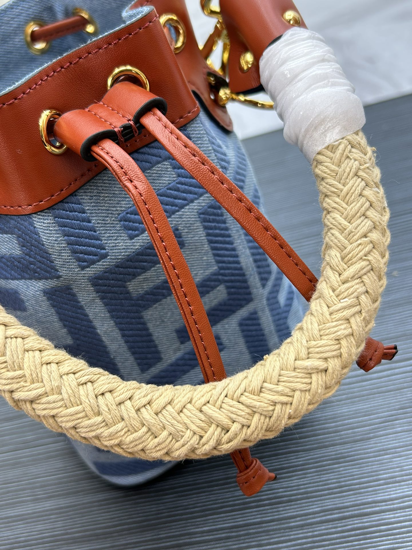 Monogram Mini Bucket Bag - Blue and Tan Drawstring Handbag with Woven Handle