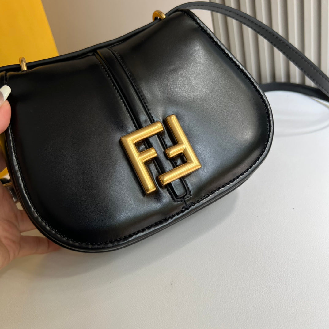Fendi C'mon Small Black Leather Shoulder Bag with Gold FF Logo