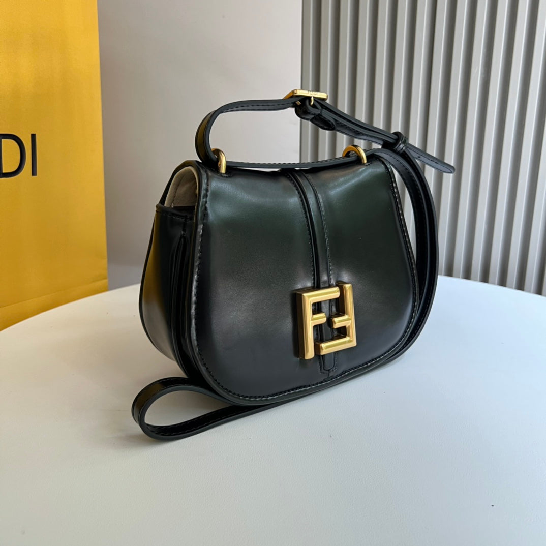 Fendi C'mon Small Black Leather Shoulder Bag with Gold FF Logo