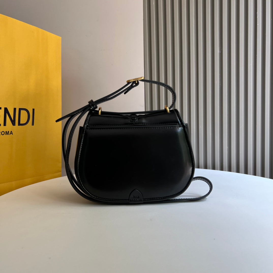 Fendi C'mon Small Black Leather Shoulder Bag with Gold FF Logo