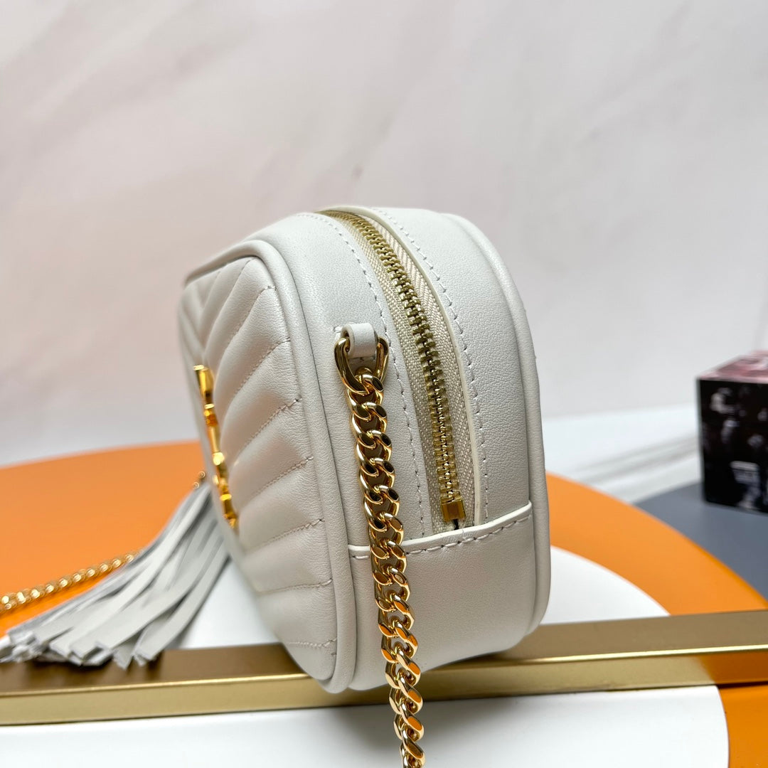 Saint Laurent Lou Mini Quilted Leather Camera Bag in White