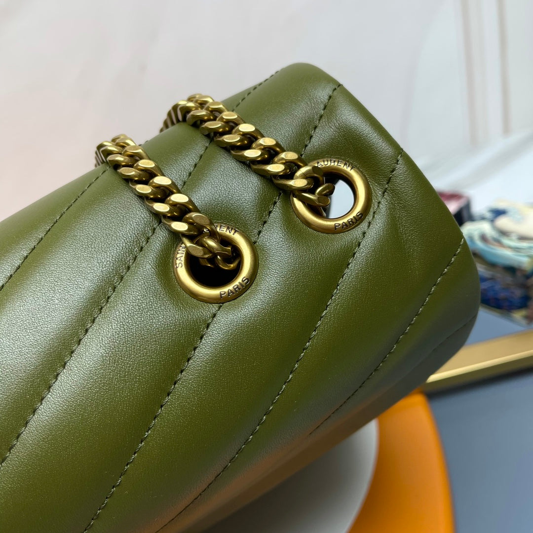 Saint Laurent Style Monogram Quilted Leather Shoulder Bag - Olive Green