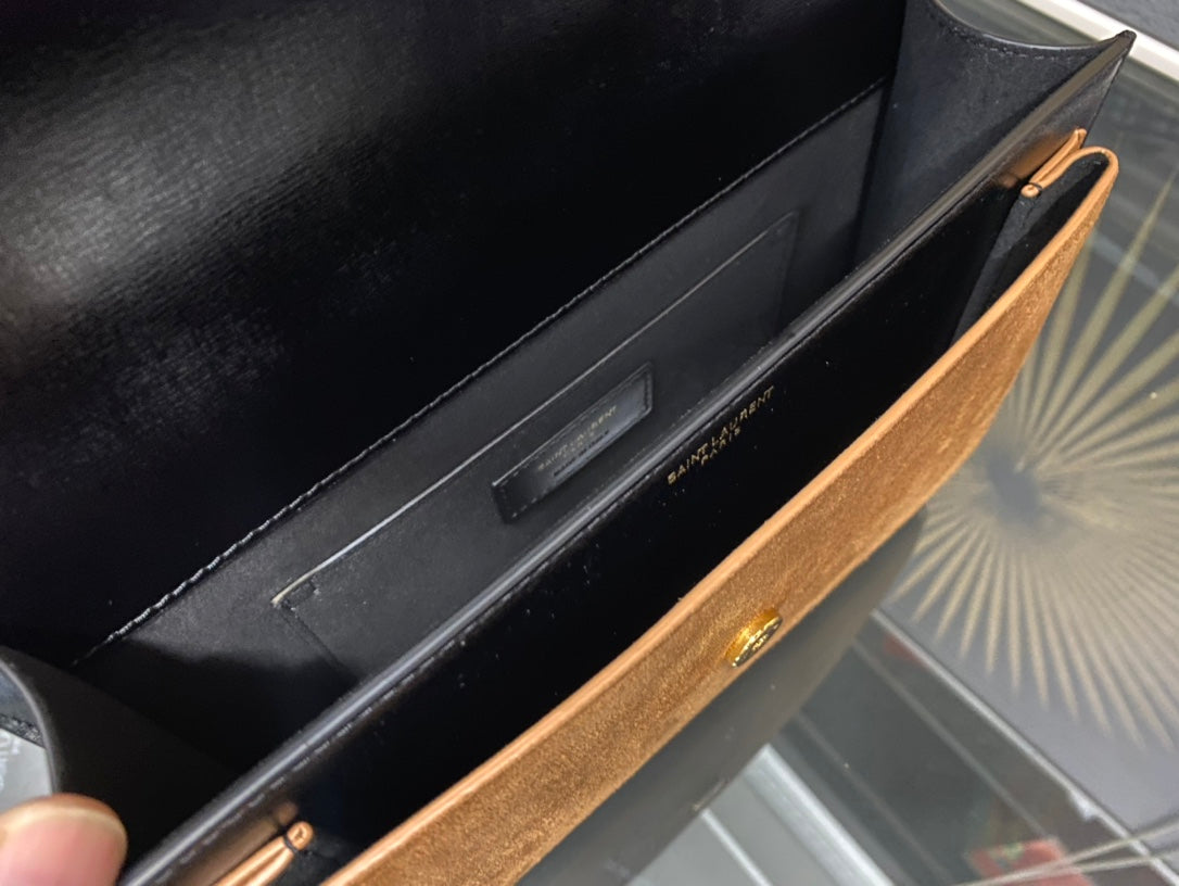 Saint Laurent Sunset Medium Shoulder Bag in Black Leather and Tan Suede