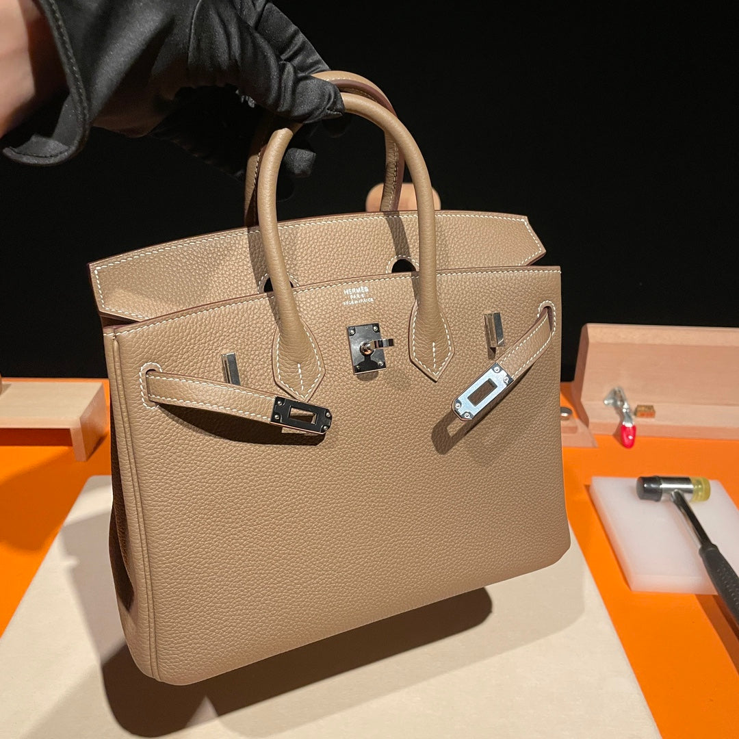 Luxury Beige Leather Top Handle Handbag - Birkin Style Craftsmanship Edition