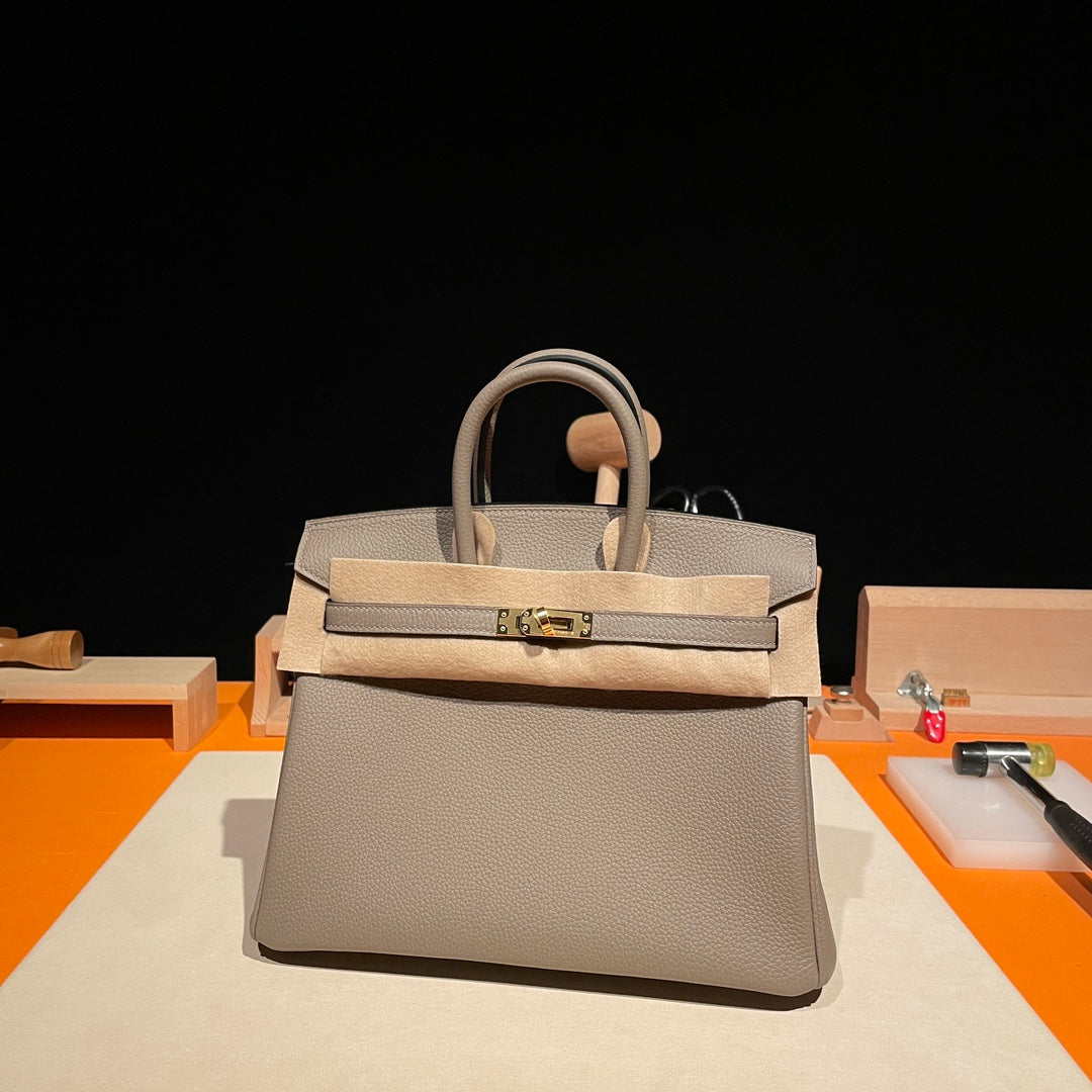 Premium Handmade Leather Top-Handle Handbag - Taupe Grey with Gold Hardware