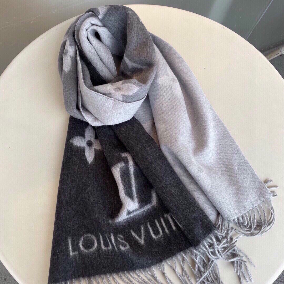 Louis Vuitton Reykjavik Gradient Scarf - Grey and Black Monogram Cashmere with Fringe
